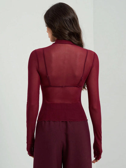 Solid Mesh Turtleneck Top Long Sleeve Fitted Blouse