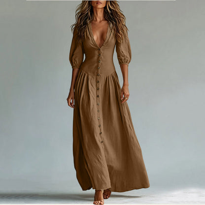 Cotton Button Down Maxi Dress Puff Sleeve V Neck Summer