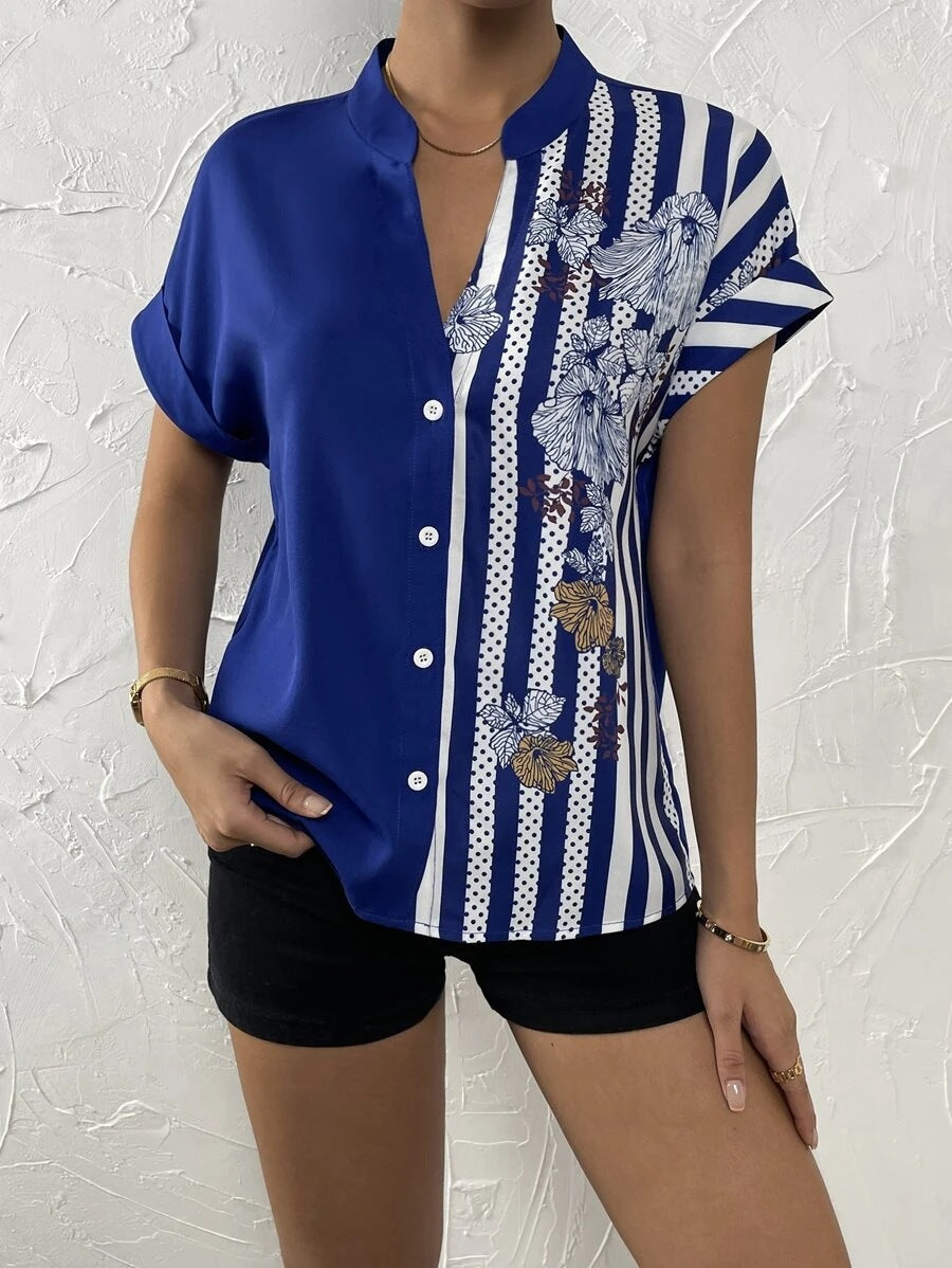 New Women’s Colorblock Floral Button Short Sleeve Cardigan