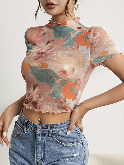 Mesh Printed Slim Fit Short-Sleeve T-Shirt with Ruffle Edge