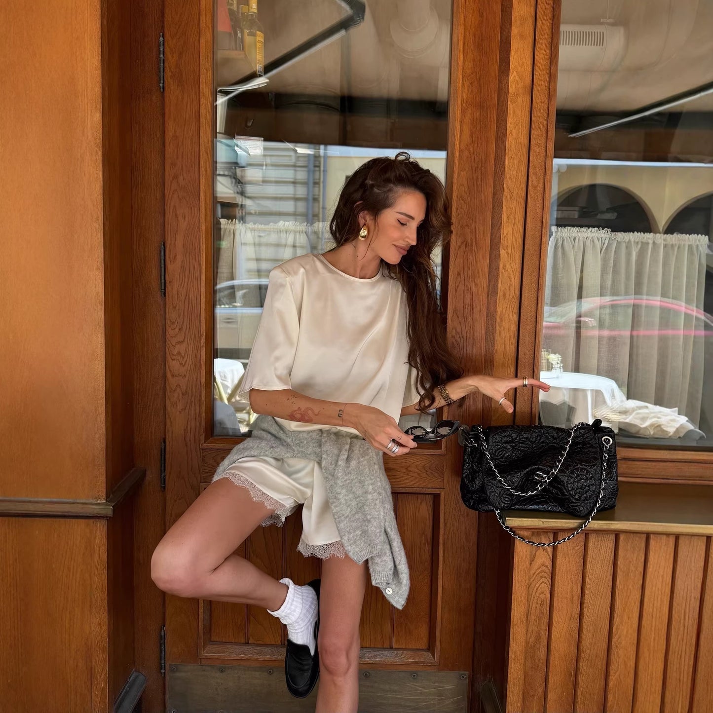 Glossy Round Neck T-Shirt & Lace Shorts Set – Casual Chic