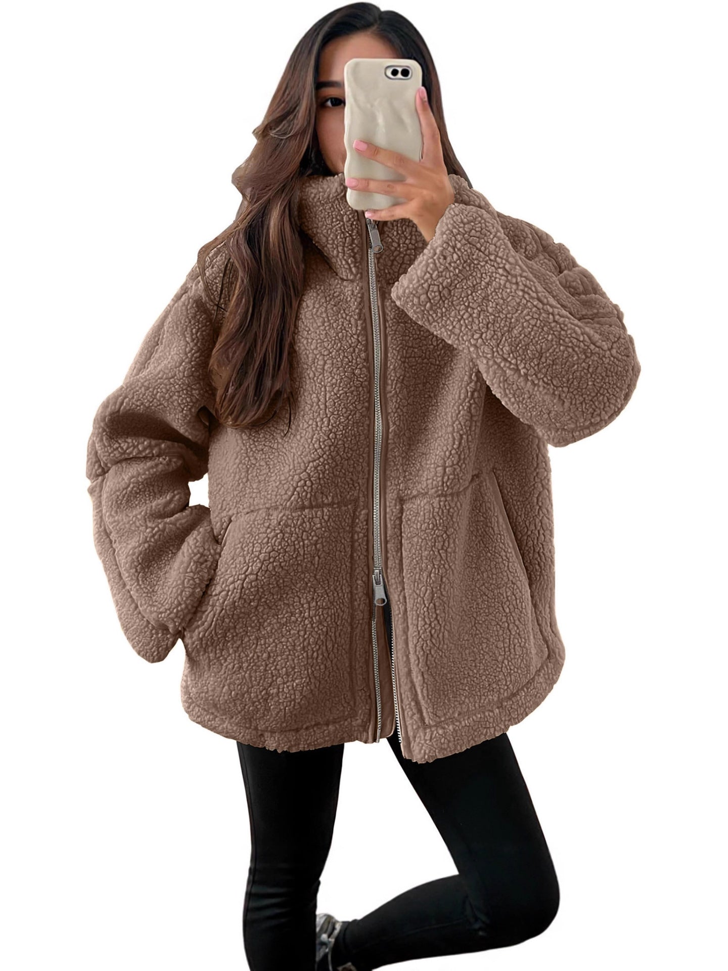 Women's Sherpa Fleece Zip Jacket Oversized Cozy Coat