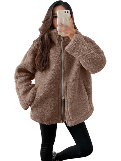 Women's Sherpa Fleece Zip Jacket Oversized Cozy Coat