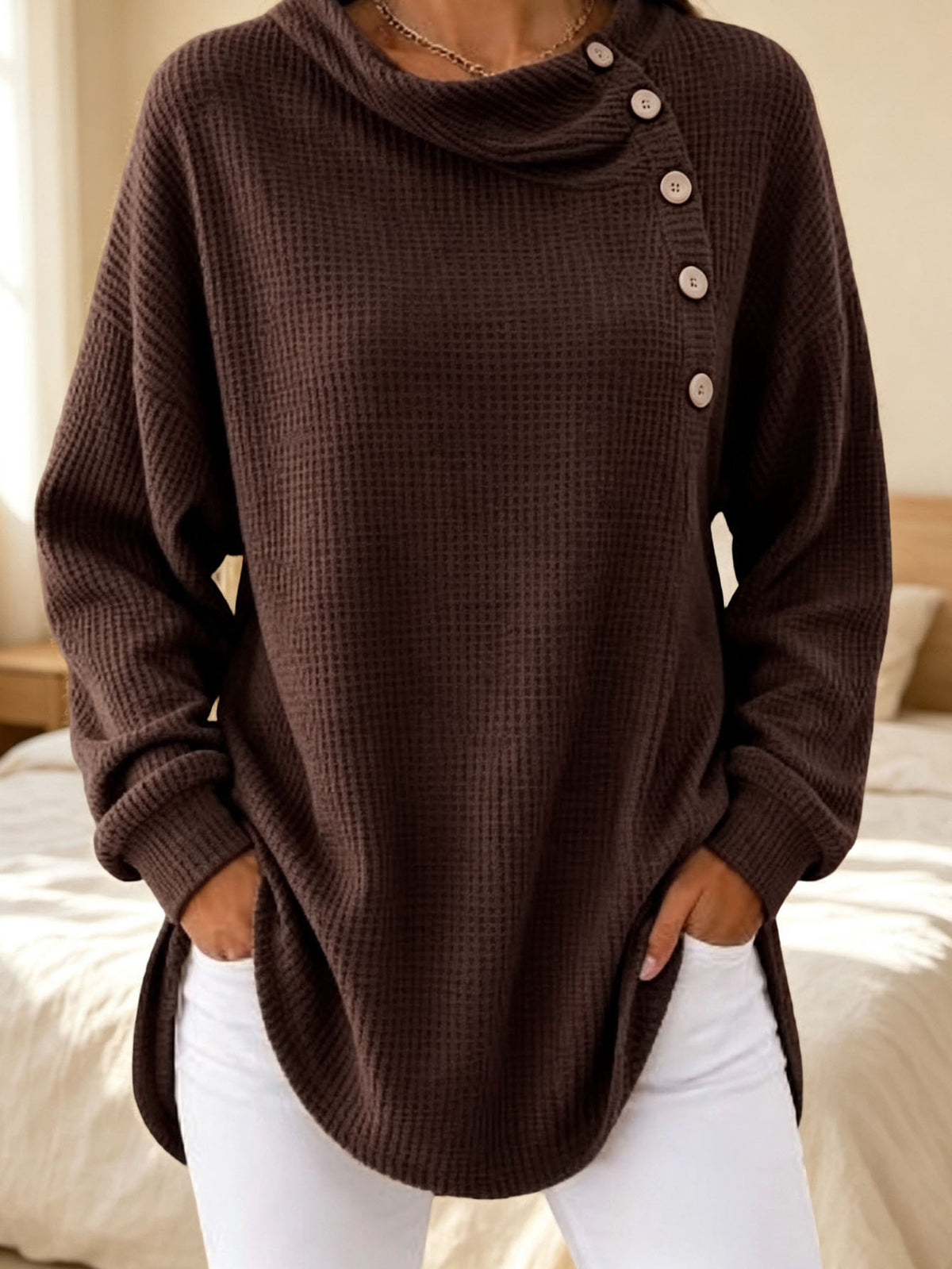 Women's Waffle Knit Cowl Neck Button Pullover Sweater