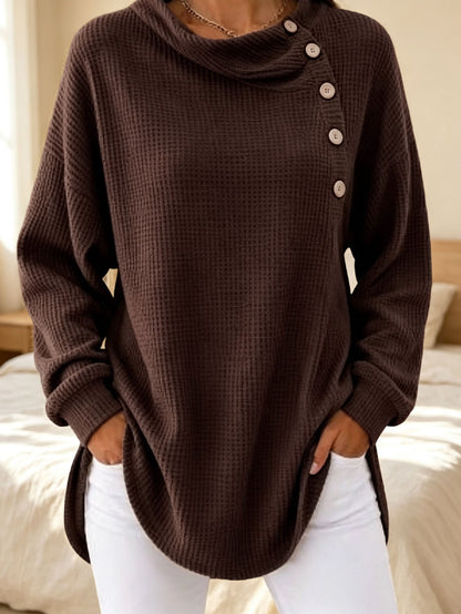 Women's Waffle Knit Cowl Neck Button Pullover Sweater