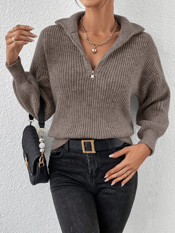 Quarter Zip Sweater Women Long Sleeve Ribbed Pullover