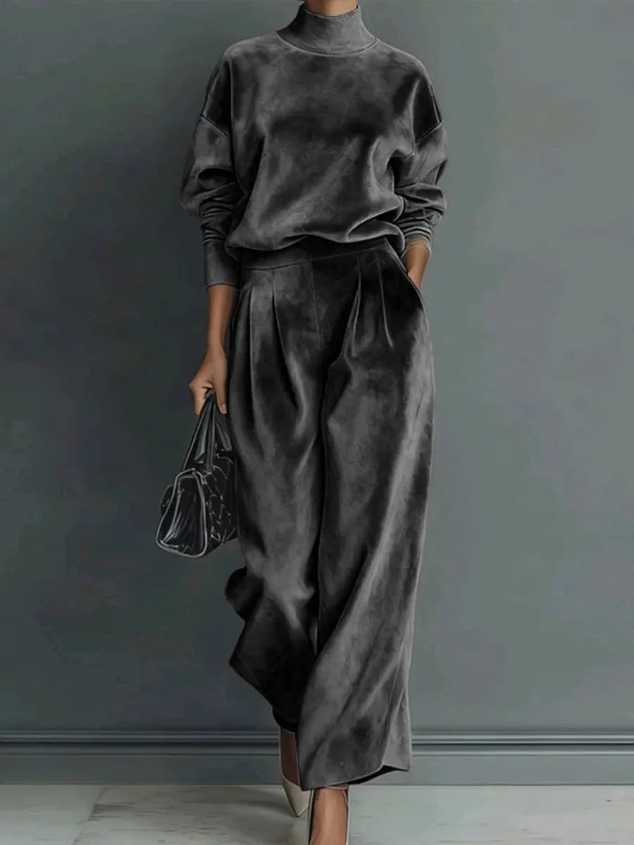 Velvet Mock Neck Wide Leg Pants Two Piece Lounge Set