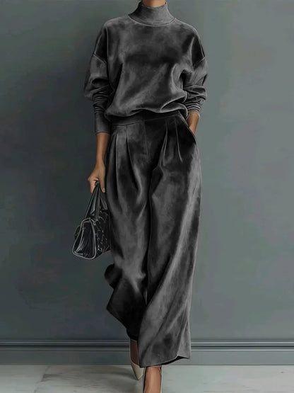 Velvet Mock Neck Wide Leg Pants Two Piece Lounge Set