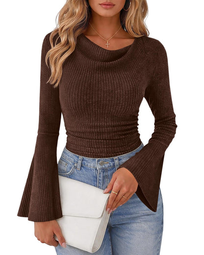 Ribbed Cowl Neck Top Bell Sleeve Slim Fit