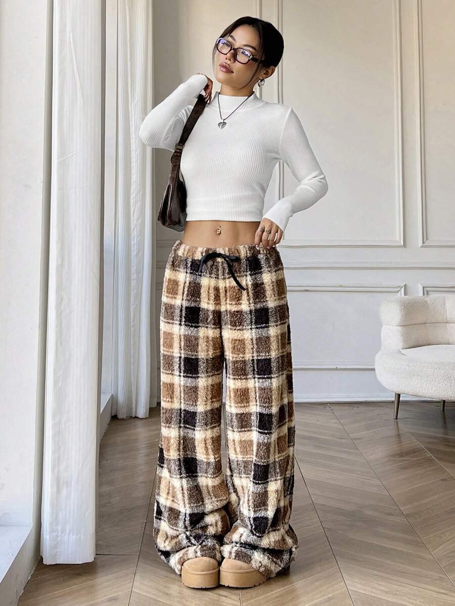 Women's Fuzzy Plaid Wide Leg Pants Drawstring Elastic Waist