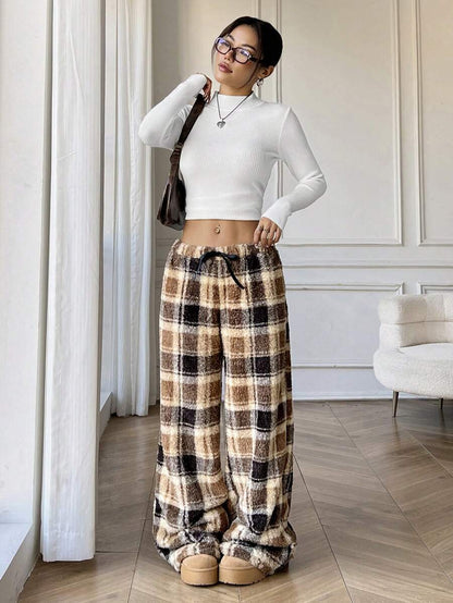 Women's Fuzzy Plaid Wide Leg Pants Drawstring Elastic Waist