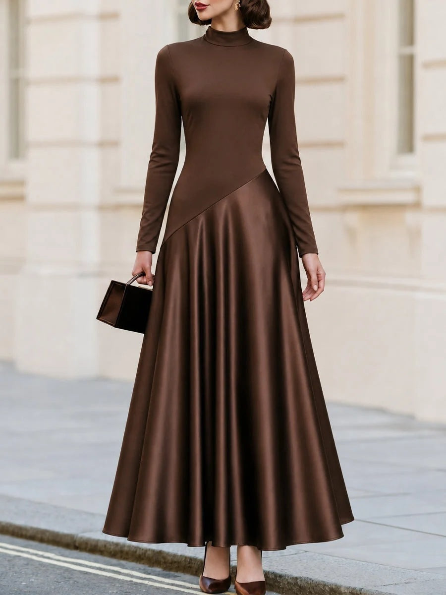 Brown Mock Neck Satin Maxi Dress Long Sleeve Fit Flare