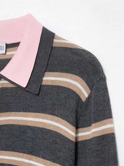 Color Block Striped Polo Cropped Knit Sweater Long Sleeve