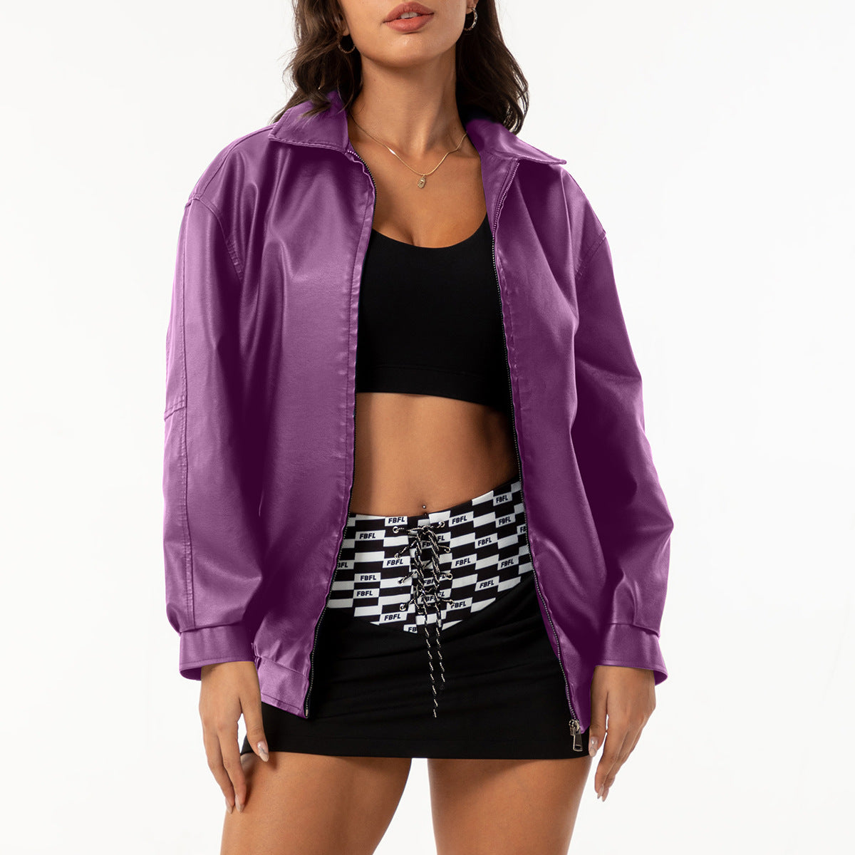 Womens Oversized Faux Leather Jacket Zip Up Casual