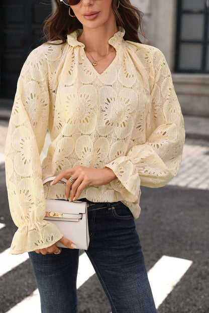 Eyelet Lace Blouse V Neck Puff Sleeve Top