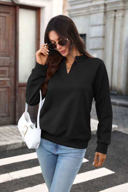 Quilted V Neck Sweatshirt Textured Loose Pullover