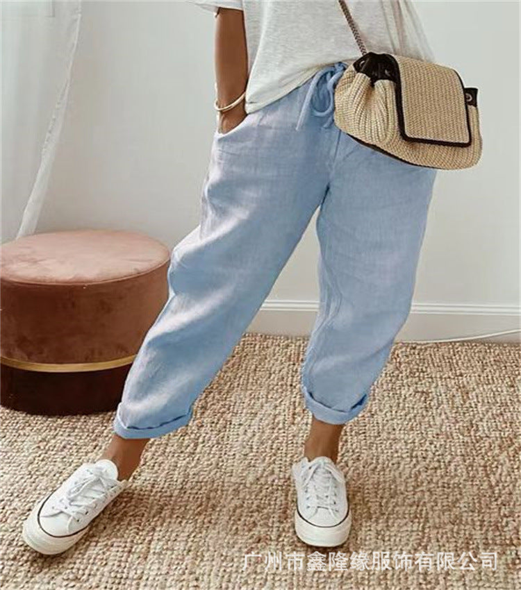 Women's Linen Blend Loose Fit Ankle Pants with Pockets