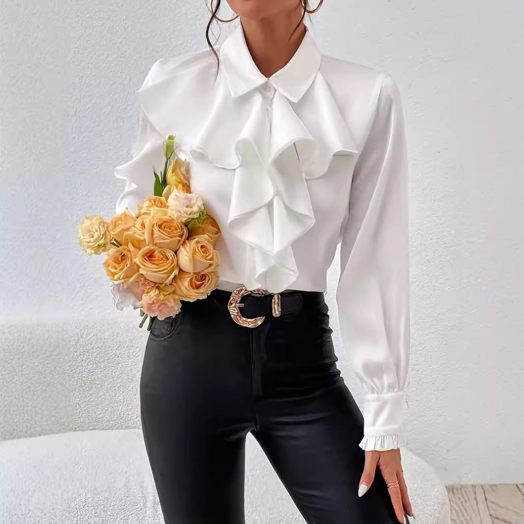 Womens Layered Ruffle Collared Long Sleeve Work Blouse