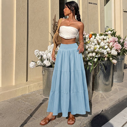 Boho Tiered Maxi Skirt Elastic Waist Flowy Long Skirt