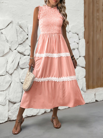 Sleeveless Striped Lace Midi Dress Ruffled A-Line Summer