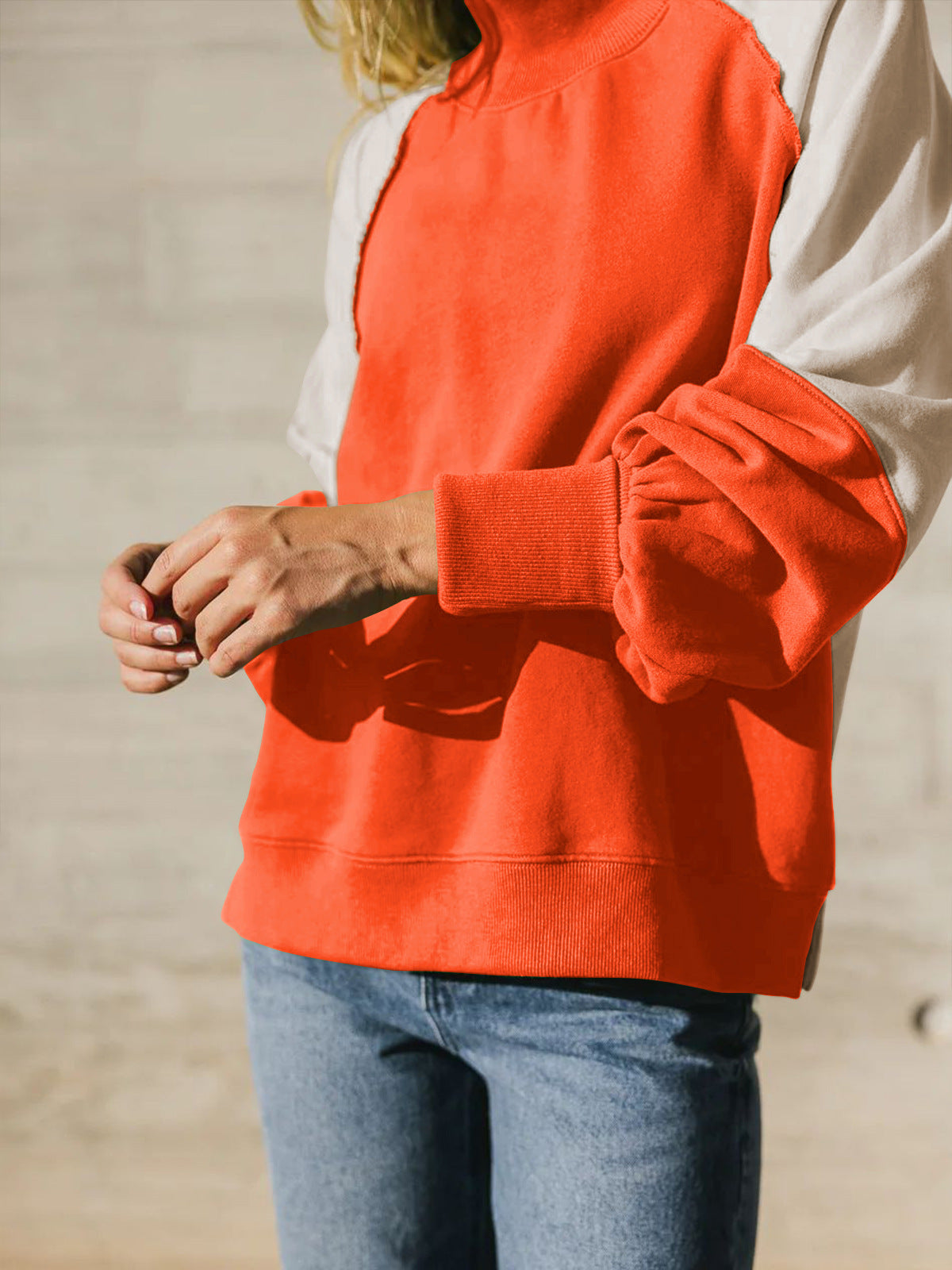 Women's Color Block Mock Neck Balloon Sleeve Sweatshirt
