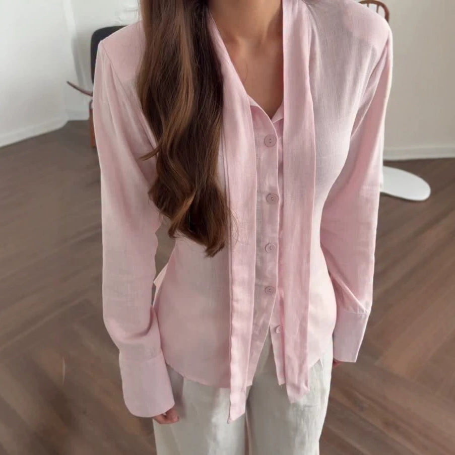 Women's Tie Neck Button Down Shirt Long Sleeve Cotton