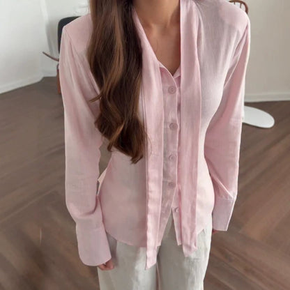Women's Tie Neck Button Down Shirt Long Sleeve Cotton