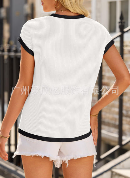 Women's Ribbed Color Block Pocket Tee Short Sleeve