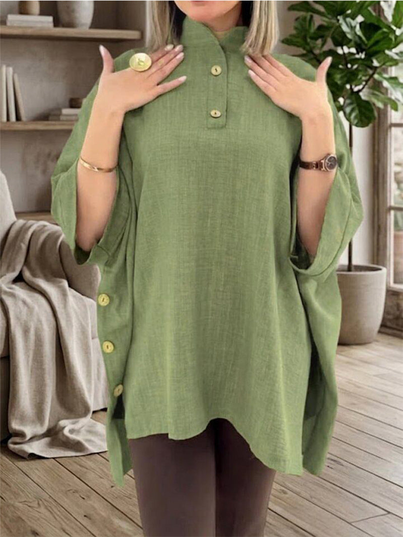 Oversized Button Tunic Elbow Sleeve Side Split Plus Size
