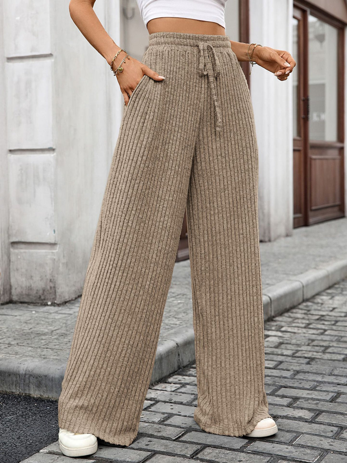 Women's Ribbed Drawstring Wide Leg Lounge Pants