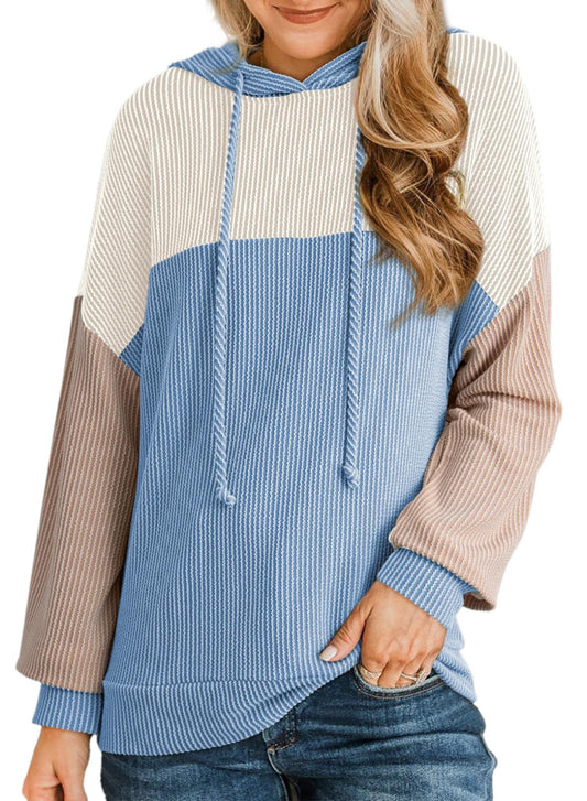 Color Block Ribbed Knit Hoodie Long Sleeve Sweatshirt