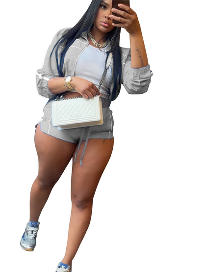 Women's Zip Jacket Shorts Two Piece Set Contrast Piping