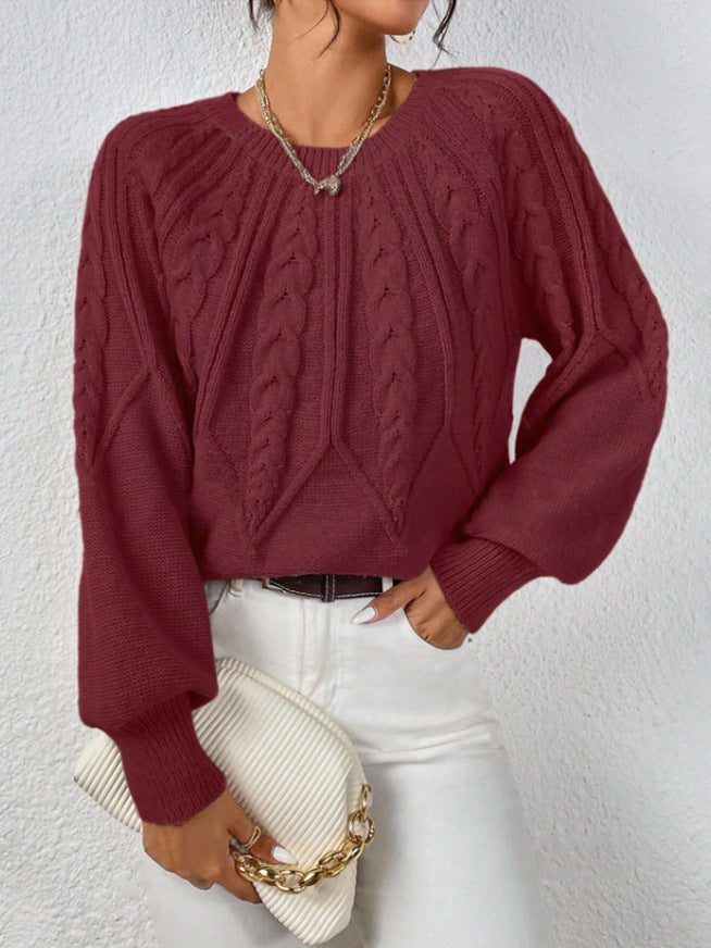 Women's Cable Knit Balloon Sleeve Crew Neck Sweater