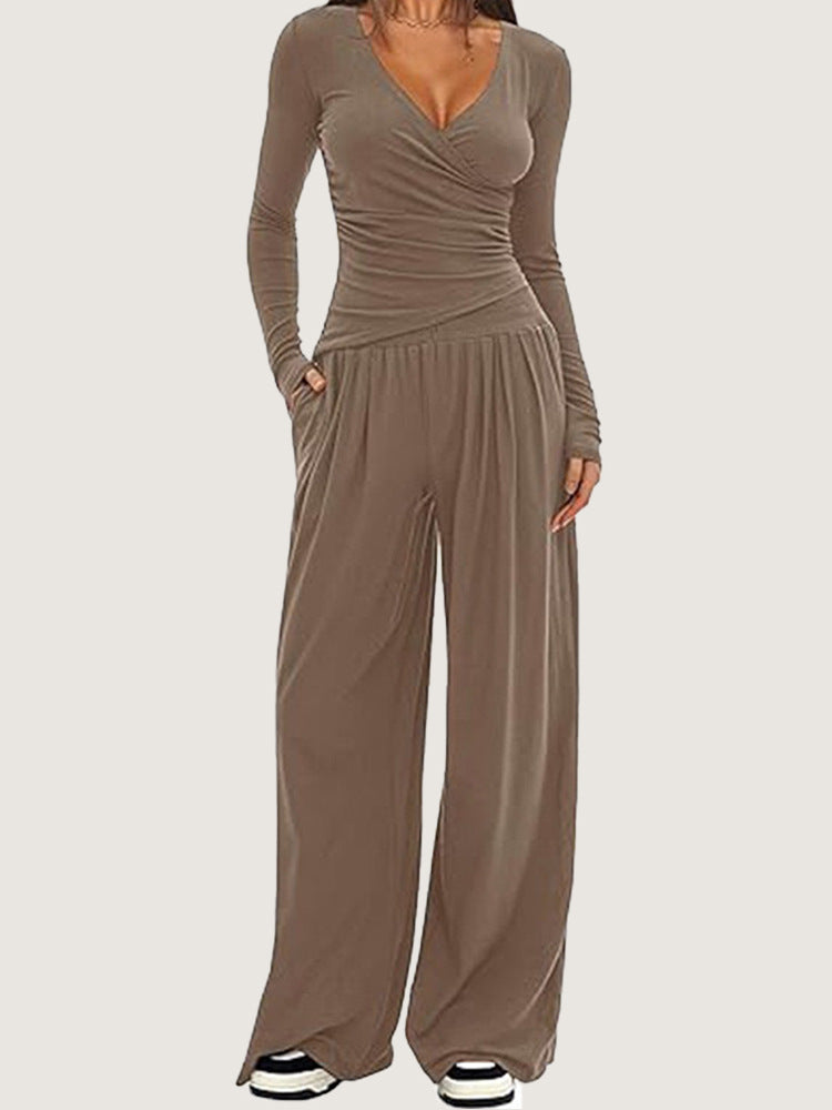 Women's 2 Piece V Neck Wide Leg Pants Lounge Set