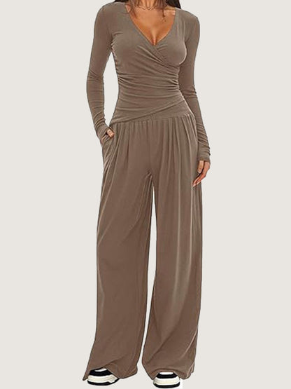 Women's 2 Piece V Neck Wide Leg Pants Lounge Set