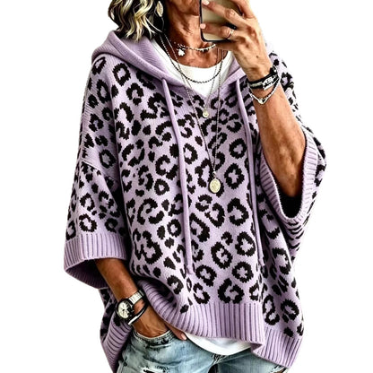 Oversized Leopard Print Hooded Knit Sweater Pullover