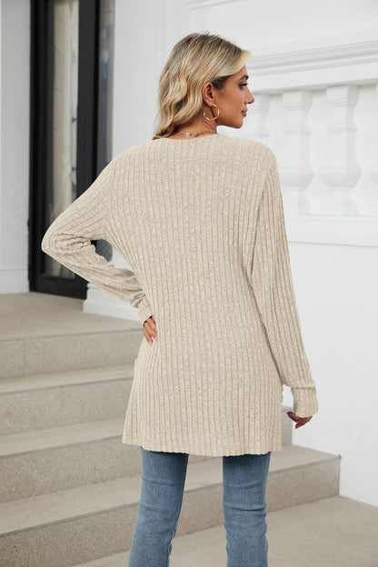Simple Pocketed Long Sleeve Cardigan Knit Top