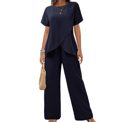 Plus Size Solid Cross Front Wide Leg Pants Matching Set