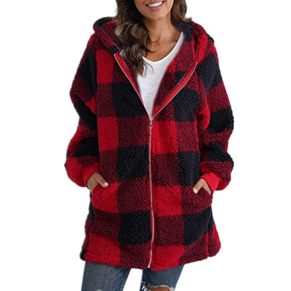 Womens Oversized Sherpa Plaid Hooded Zip Up Jacket
