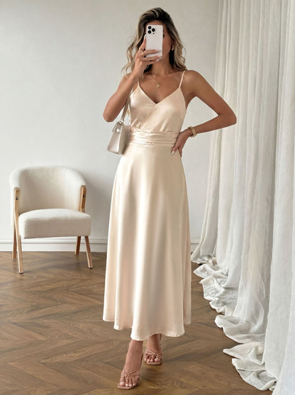 Satin Maxi Dress V Neck Cami Waist Tie Elegant