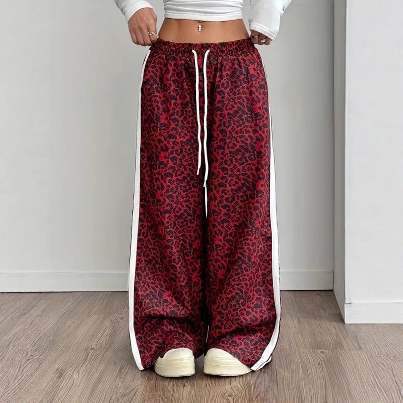 Women Leopard Print Baggy Wide Leg Side Stripe Pants