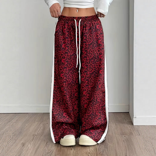 Women Leopard Print Baggy Wide Leg Side Stripe Pants