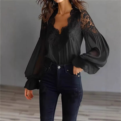 Women's Lace V Neck Puff Sleeve Pleated Blouse