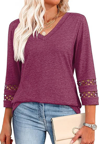 White V-Neck Lace Sleeve Casual Knit Top for Women