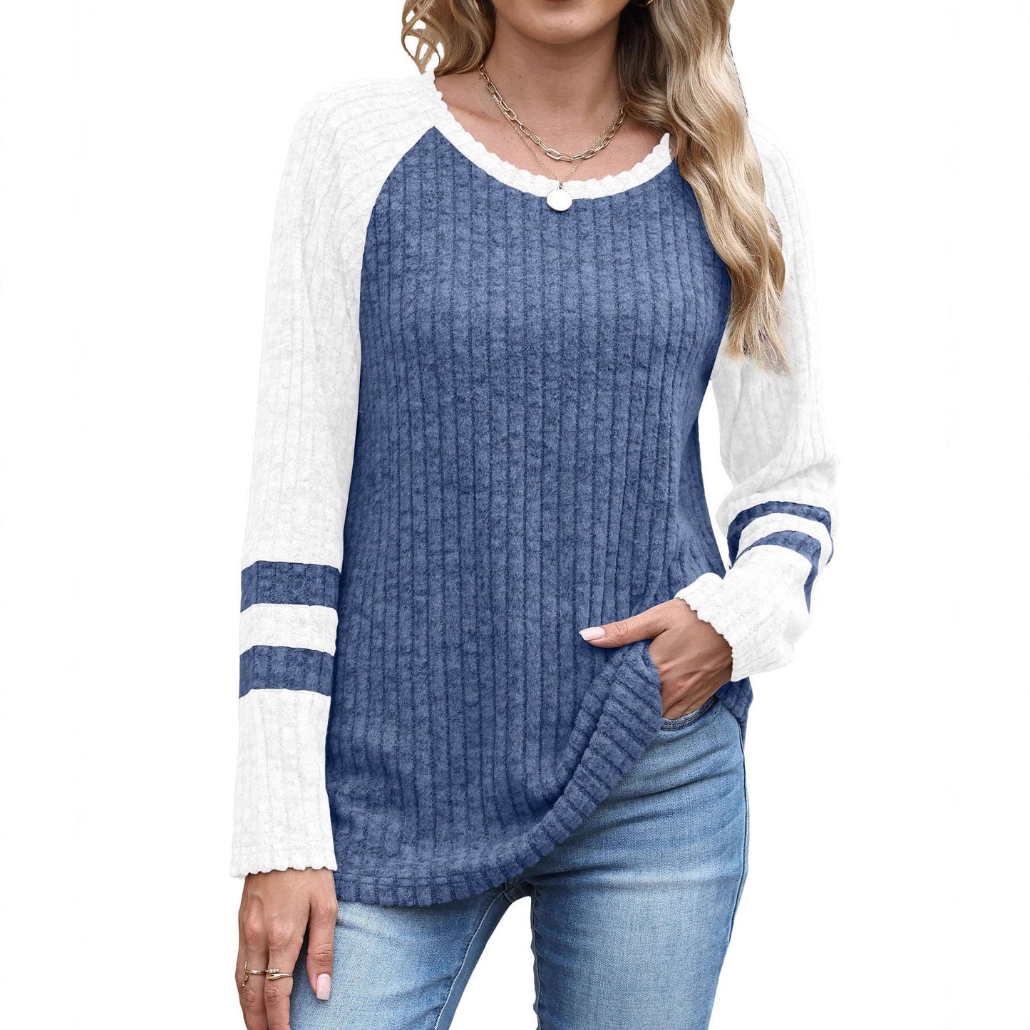 Colorblock Ribbed Knit Sweater Women Casual Pullover Top