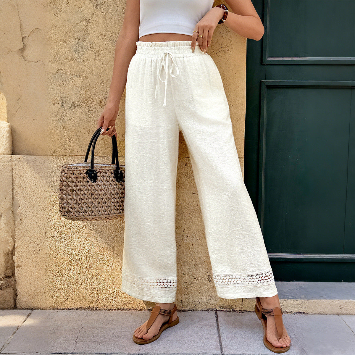 Solid Woven Wide Leg Lounge Pants Drawstring Casual