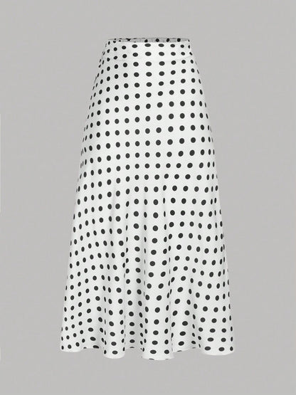 Polka Dot Satin A-Line Skirt Trendy Zip Midi Dress