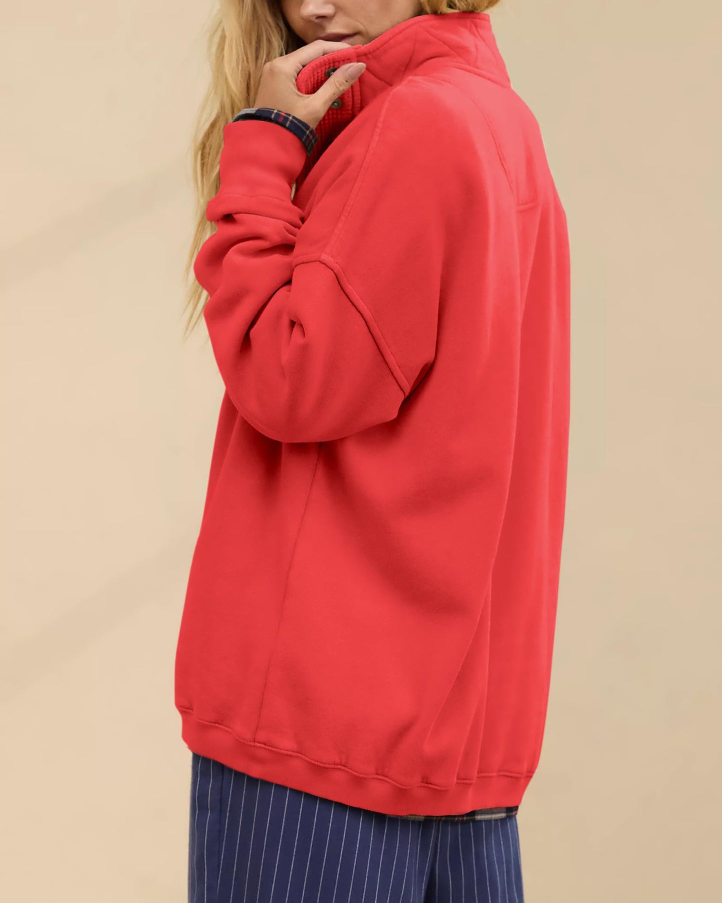 Half Snap Pullover Sweatshirt Oversized Long Sleeve