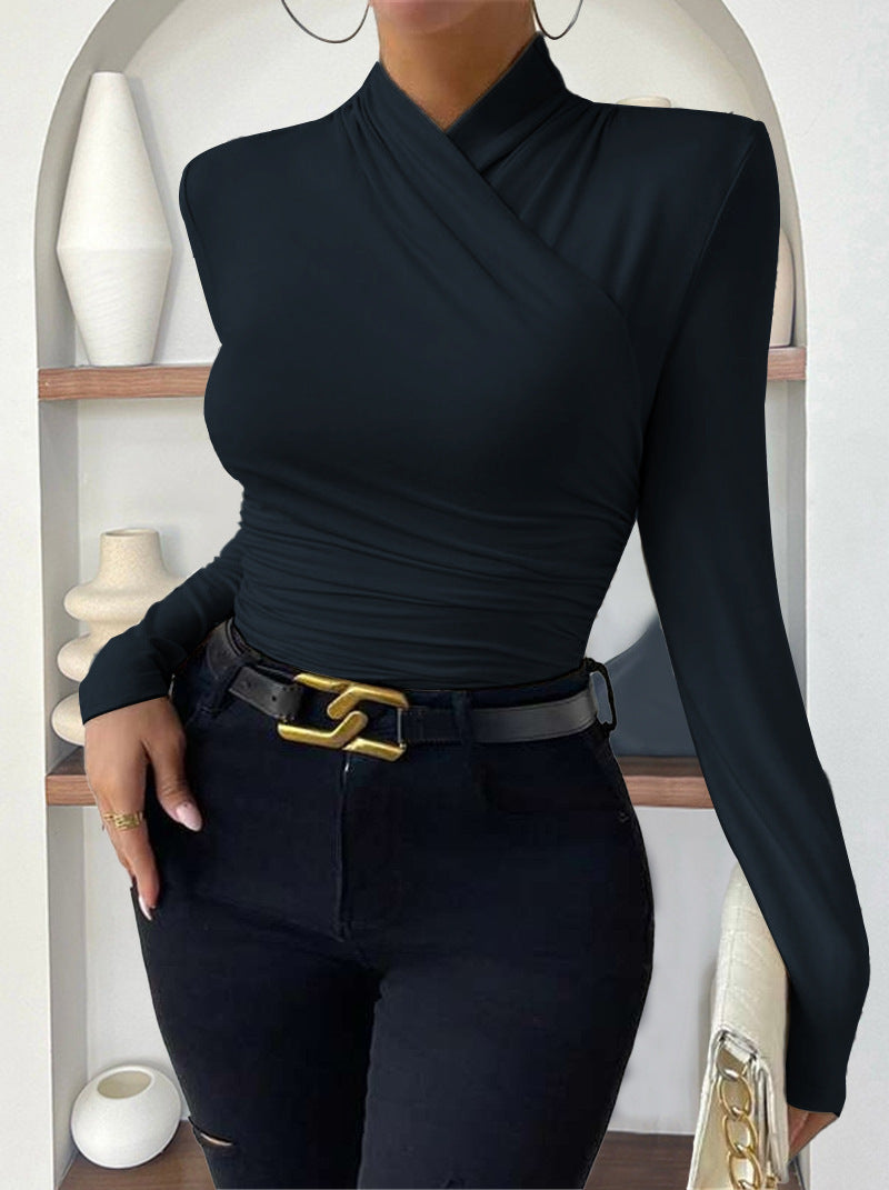 Cross Neck Ruched Long Sleeve Fitted Top