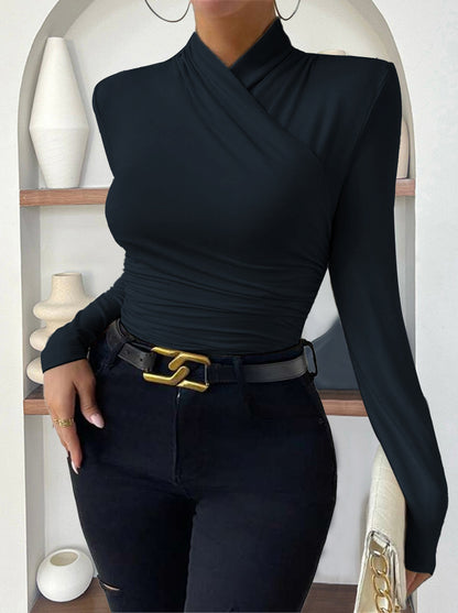Cross Neck Ruched Long Sleeve Fitted Top